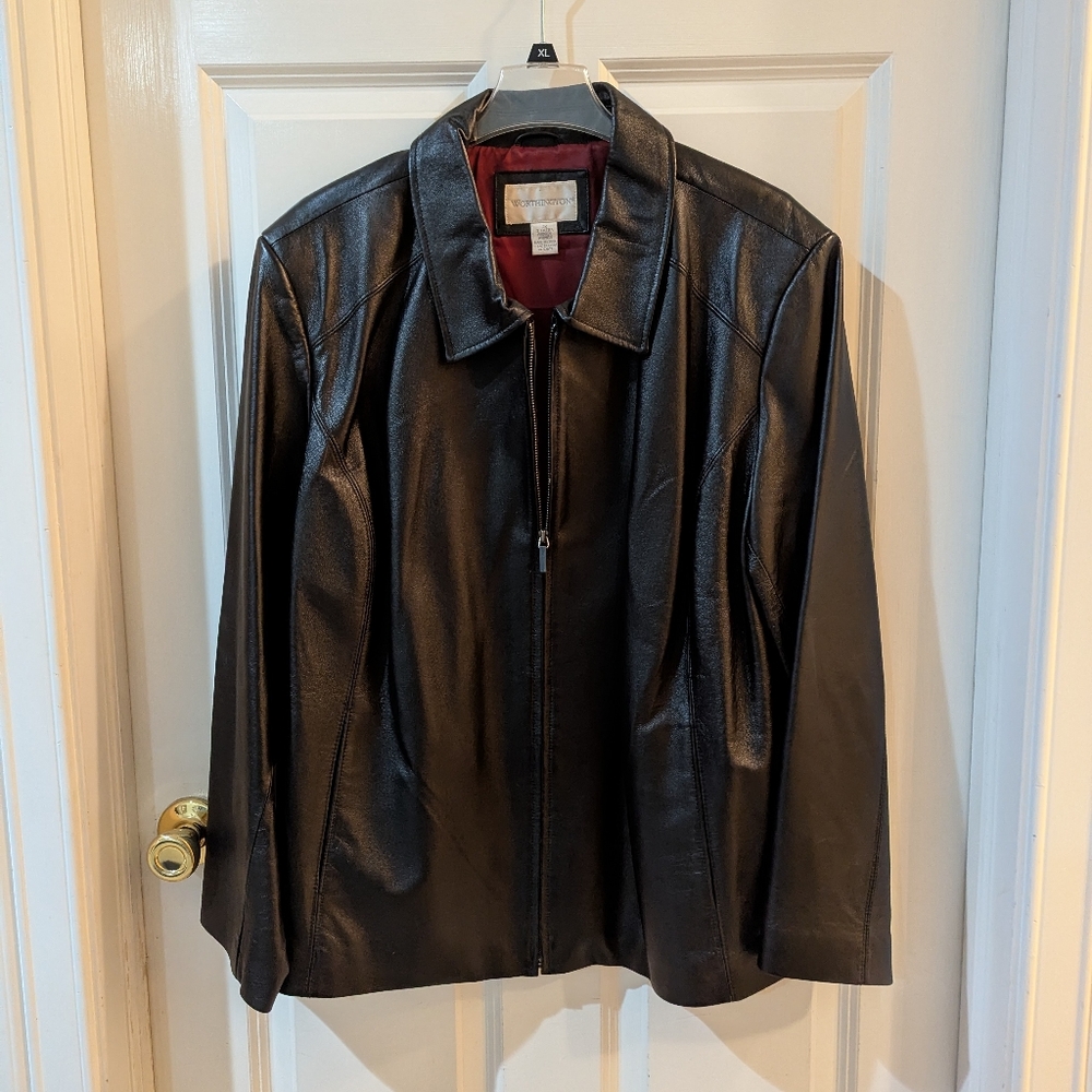 Worthington Black Genuine Leather Zip Jacket. 3X